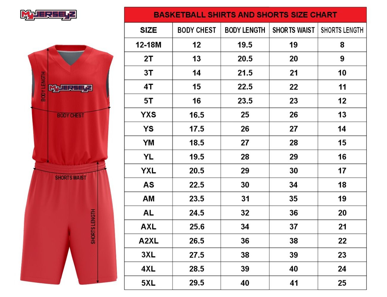 Basketball Jersey And Shorts Size Chart